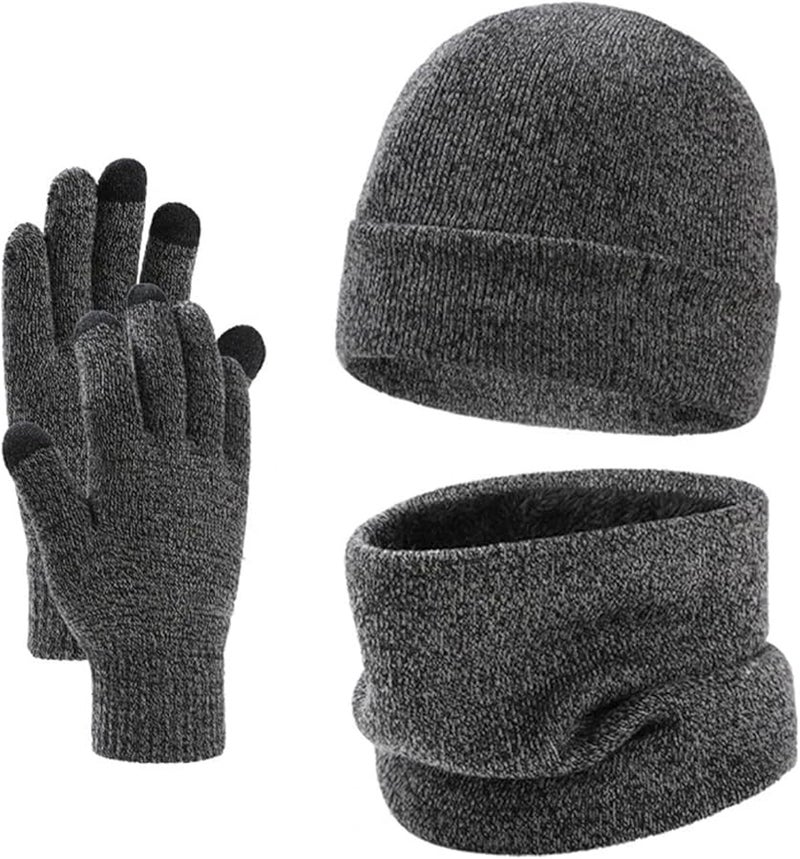 Gray Winter Hat Scarf Gloves Set 3 Piece Warm Windproof Knit for Men